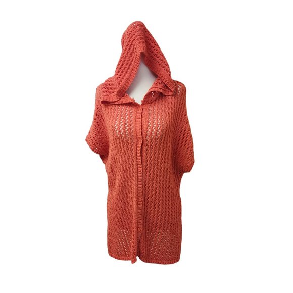 Rip Curl Coral Orange Knit Crochet Button Up Beach Cover Up Medium - Picture 1 of 7